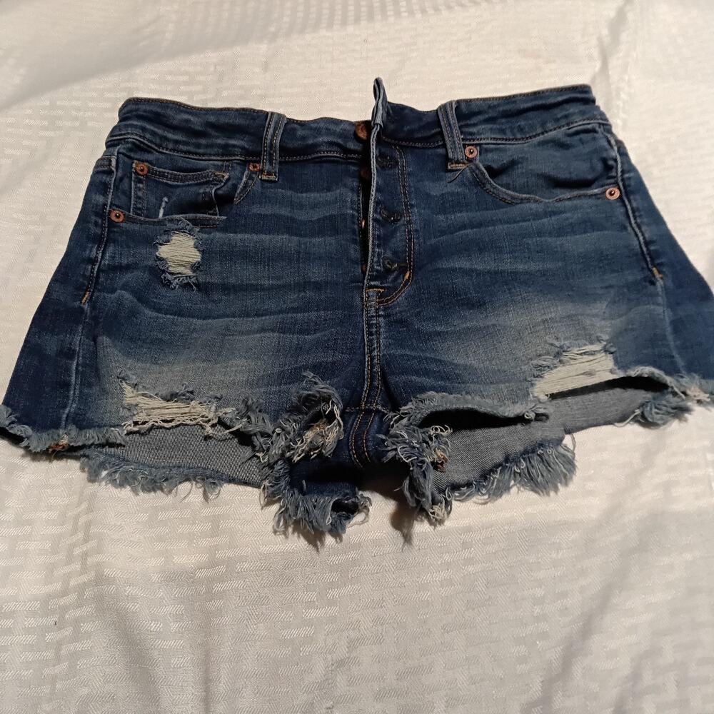 American Eagle Hi Rise Shortie Jean Shorts Medium Wash Distressed Size 10